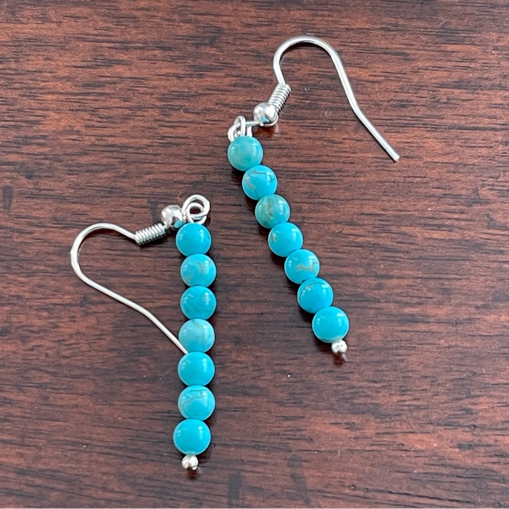 Howlite turquoise 4 mm bead silver drop earrings - Picture 1 of 8